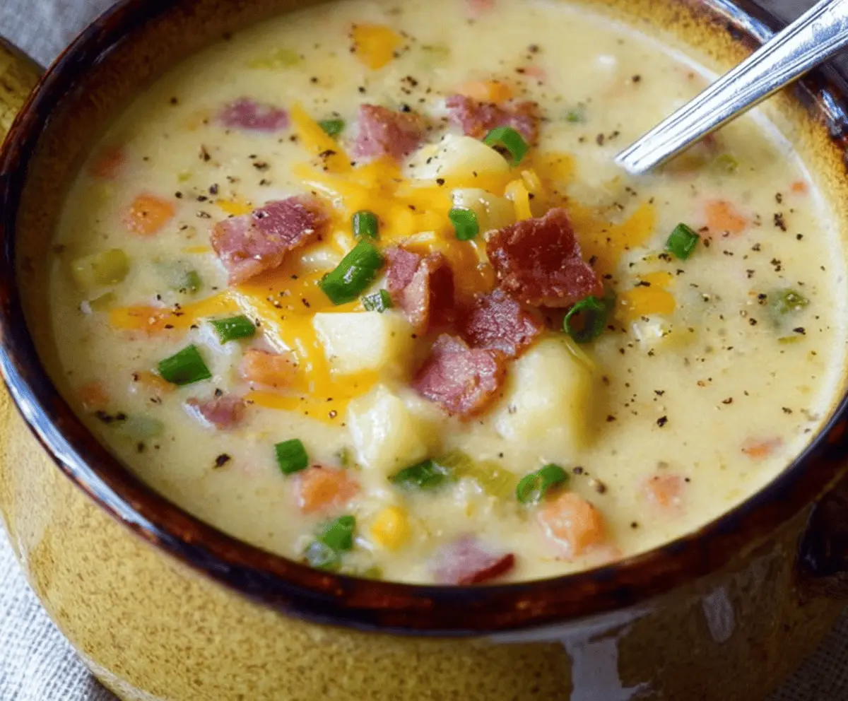 Creamy classic Old Fashioned Loaded Potato Soup garnished with cheese, bacon, green onions, and sour cream in a bowl