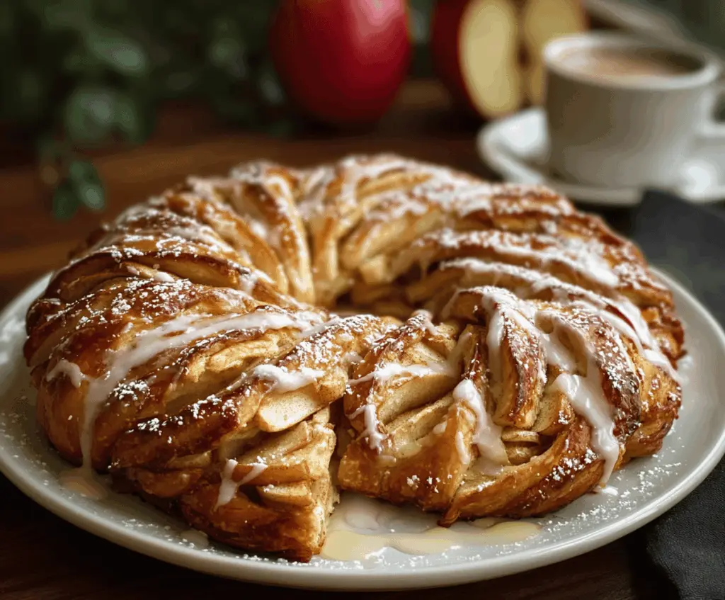 Delicious cozy apple kringle topped with vanilla glaze, perfect for fall dessert or breakfast treat.