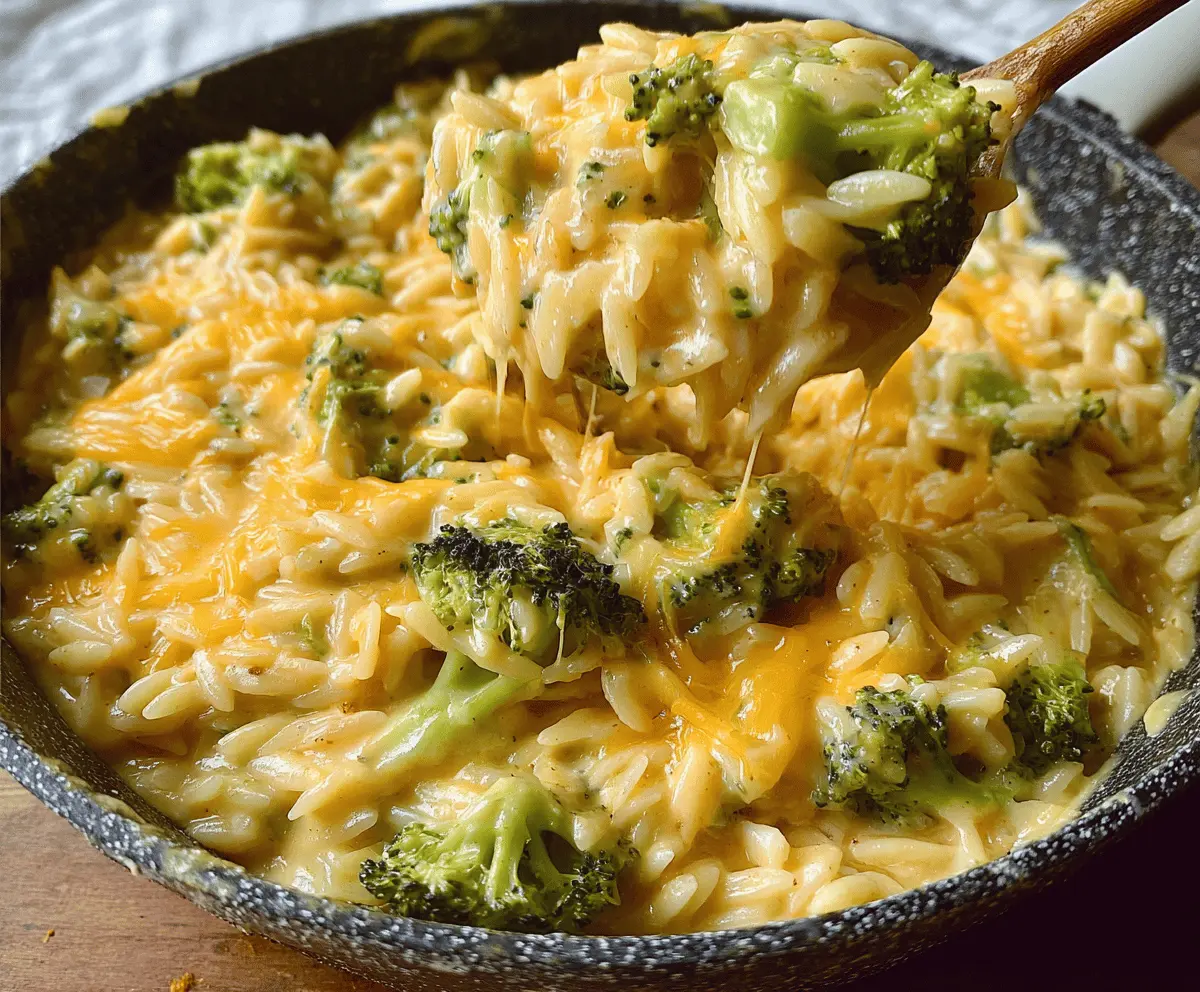 Creamy one-pot broccoli cheddar orzo recipe, quick and delicious dinner idea with fresh broccoli and melted cheddar cheese