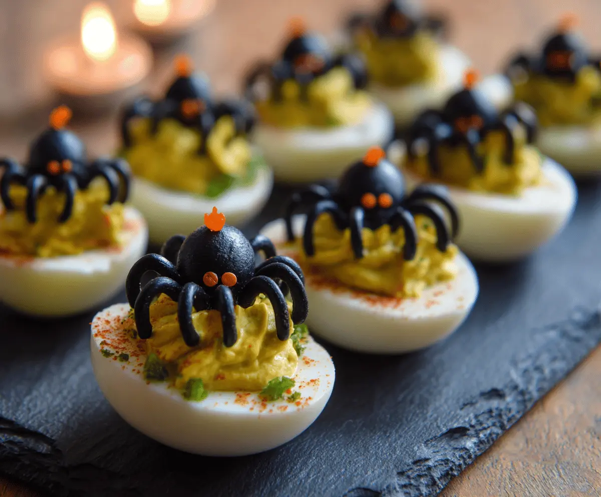 Decorative creepy deviled eggs with spooky faces, perfect Halloween appetizer for a frighteningly fun party.