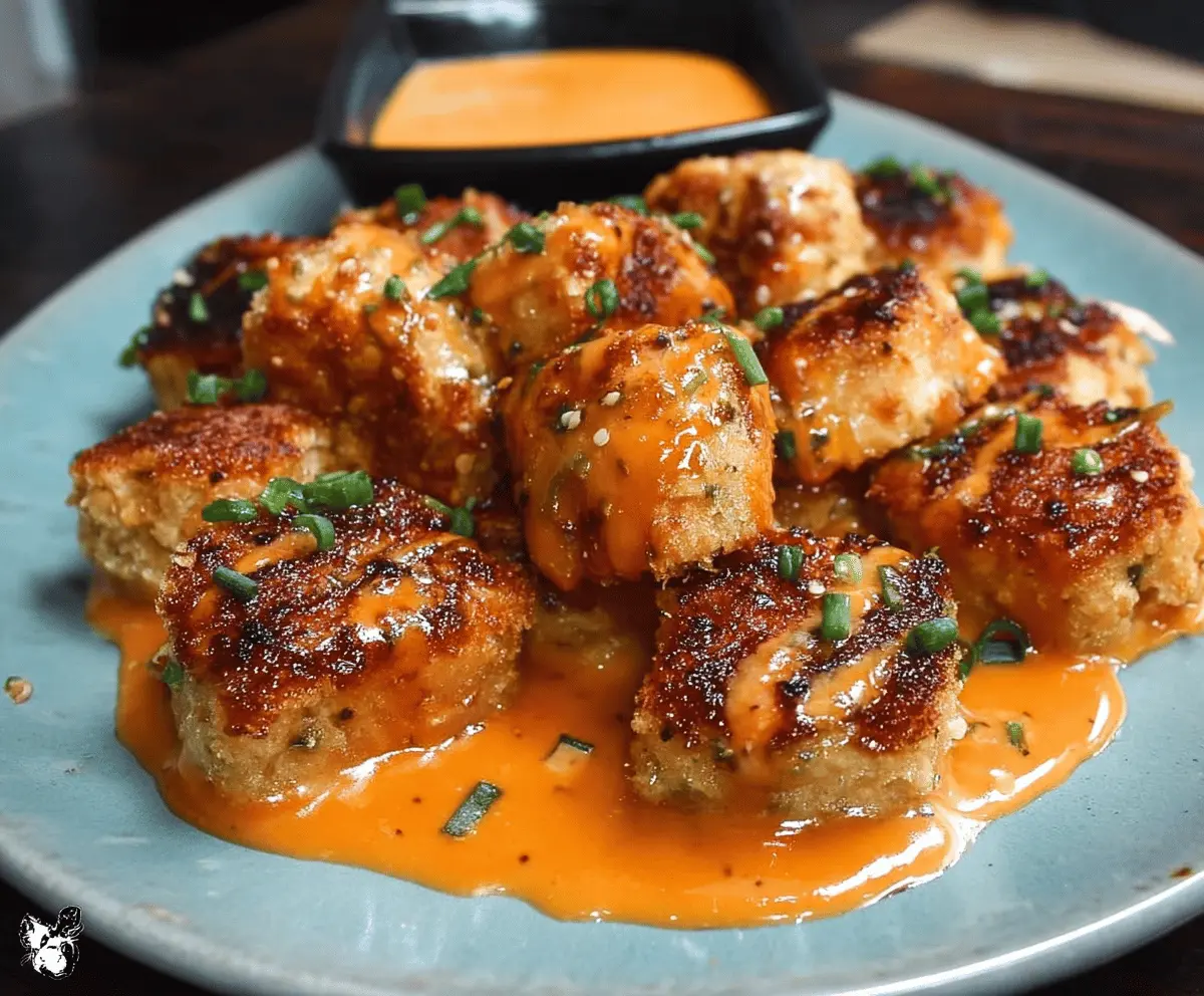 Delicious crispy Bang Bang Salmon Bites served with a flavorful spicy mayo sauce on a white plate