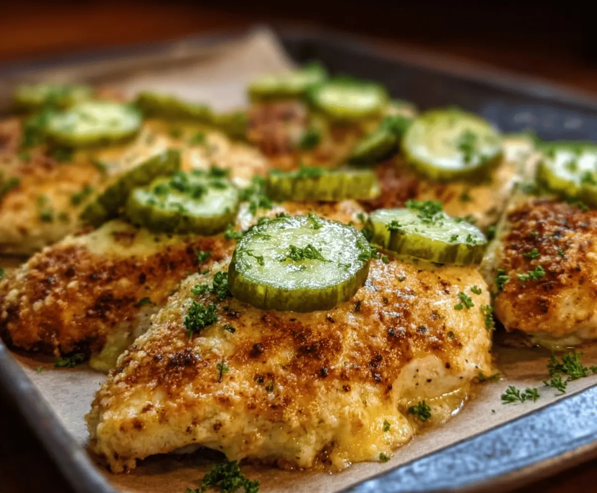 Crispy Parmesan Chicken topped with tangy dill pickle slices, garnished with fresh herbs, served on a plate