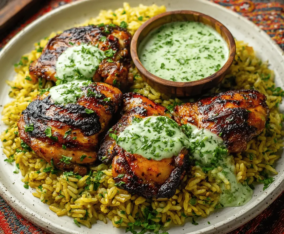 Delicious Peruvian chicken and rice dish topped with vibrant green sauce, showcasing a flavorful and easy-to-make meal