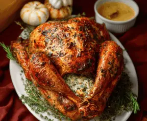 Juicy roasted turkey topped with garlic herb butter, garnished with fresh herbs, perfect for holiday celebrations.