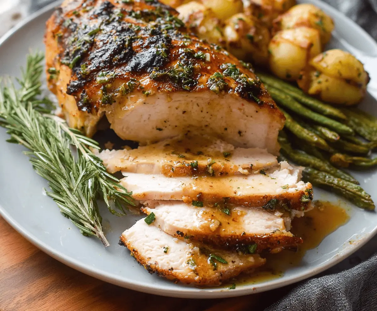 Juicy Garlic Herb Slow Cooker Turkey Breast topped with fresh herbs and garlic, served on a white platter for a flavorful and tender holiday meal.