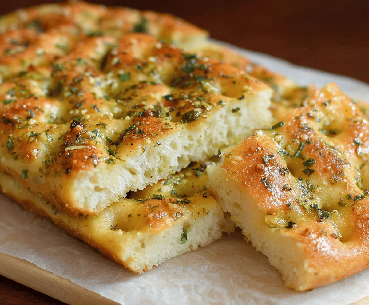 Golden Garlic Parmesan Focaccia bread topped with fresh herbs, showcasing its crispy crust and savory Italian flavors.