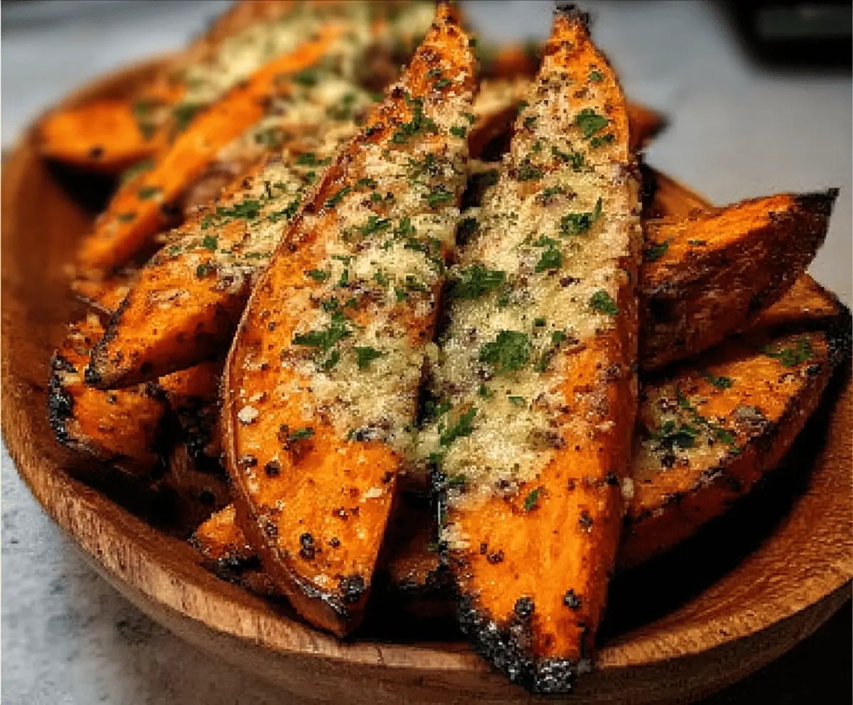 Golden baked garlic parmesan sweet potato wedges garnished with fresh herbs, perfect as a healthy snack or side dish.