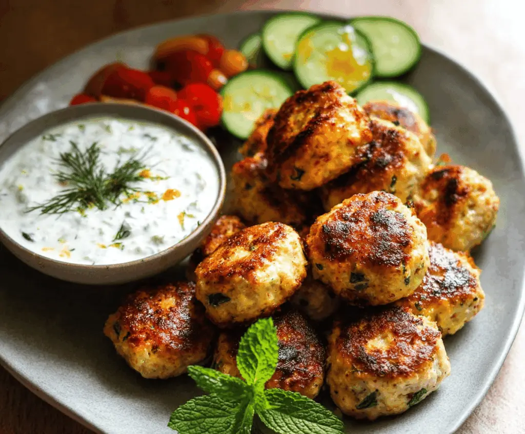 Delicious Greek turkey meatballs served with creamy Tzatziki sauce on a white plate, garnished with fresh herbs, perfect for Mediterranean-inspired meals.