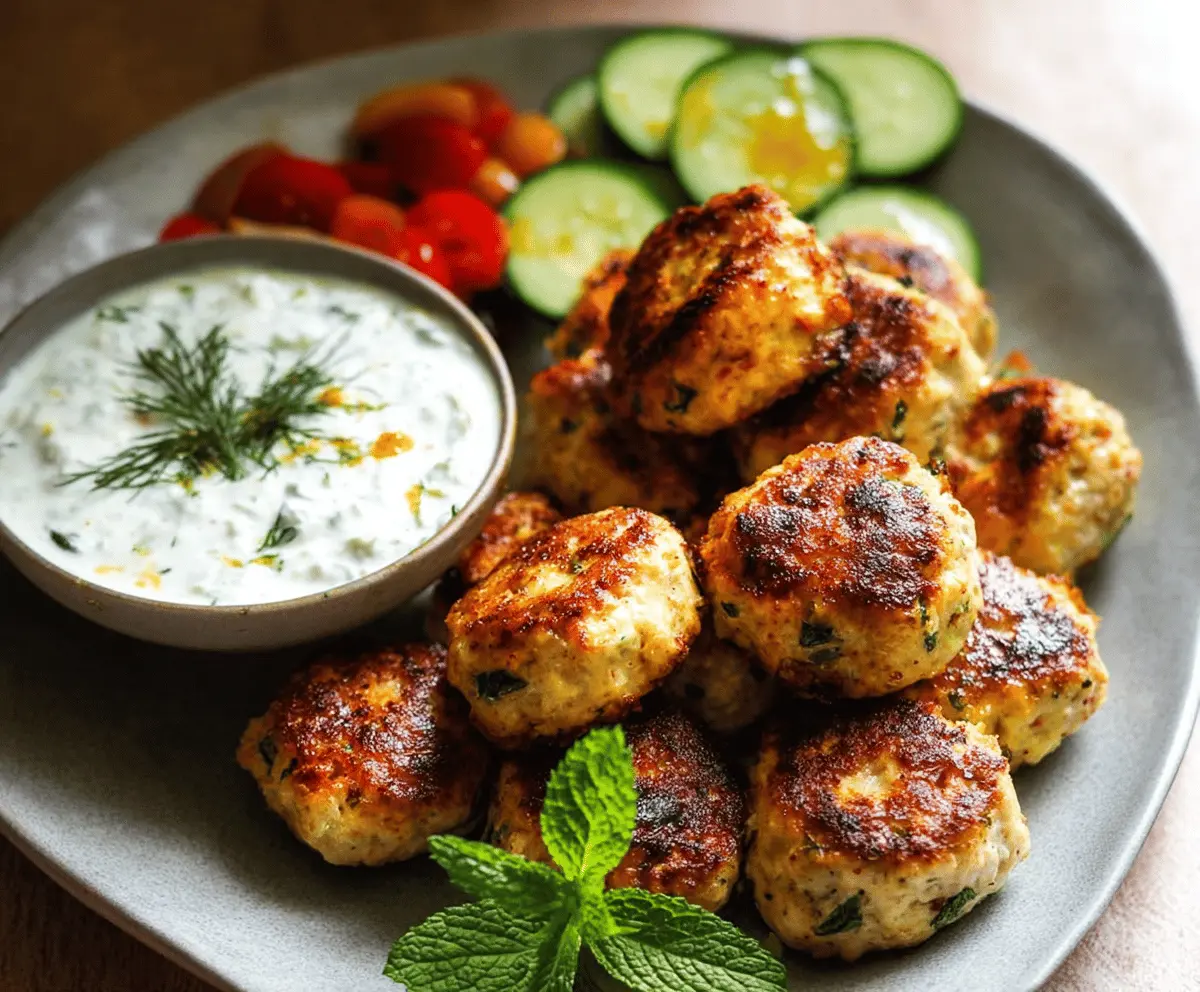 Delicious Greek turkey meatballs served with creamy Tzatziki sauce on a white plate, garnished with fresh herbs, perfect for Mediterranean-inspired meals.