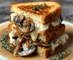 Delicious grilled cheese sandwich with melted gouda cheese, roasted mushrooms, and caramelized onions on crispy bread.