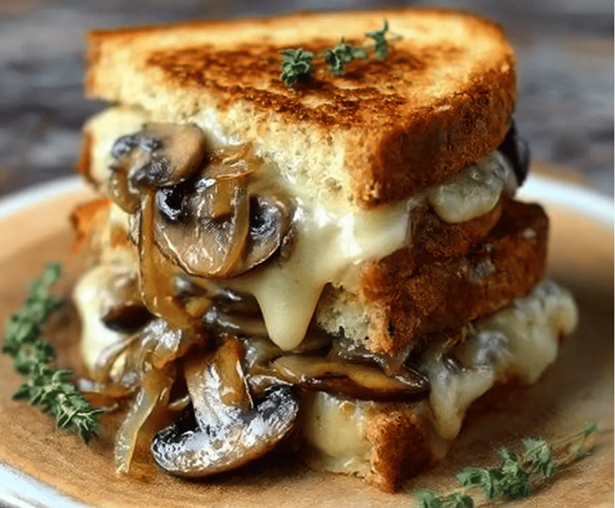 Delicious grilled cheese sandwich with melted gouda cheese, roasted mushrooms, and caramelized onions on crispy bread.