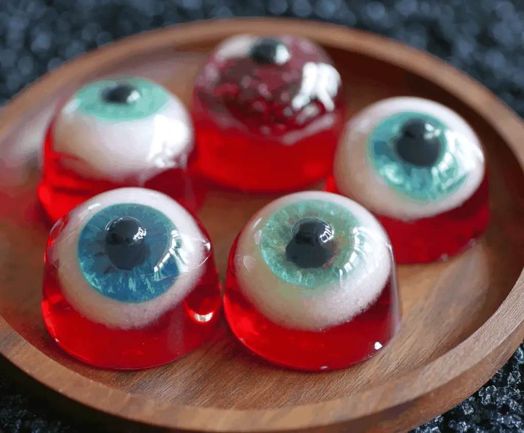 Colorful Halloween Eyeball Jello Shots with spooky eyeball decorations in clear cups for a festive trick-or-treat party