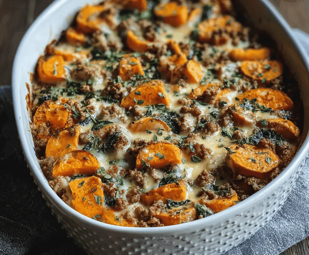 healthy ground turkey and sweet potato bake for dinner