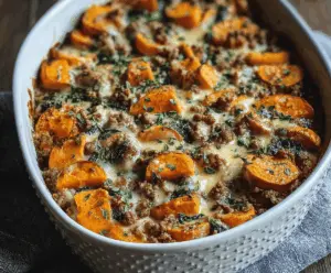 Healthy ground turkey and sweet potato bake served for dinner, featuring a colorful, nutritious casserole with lean protein and vibrant vegetables.