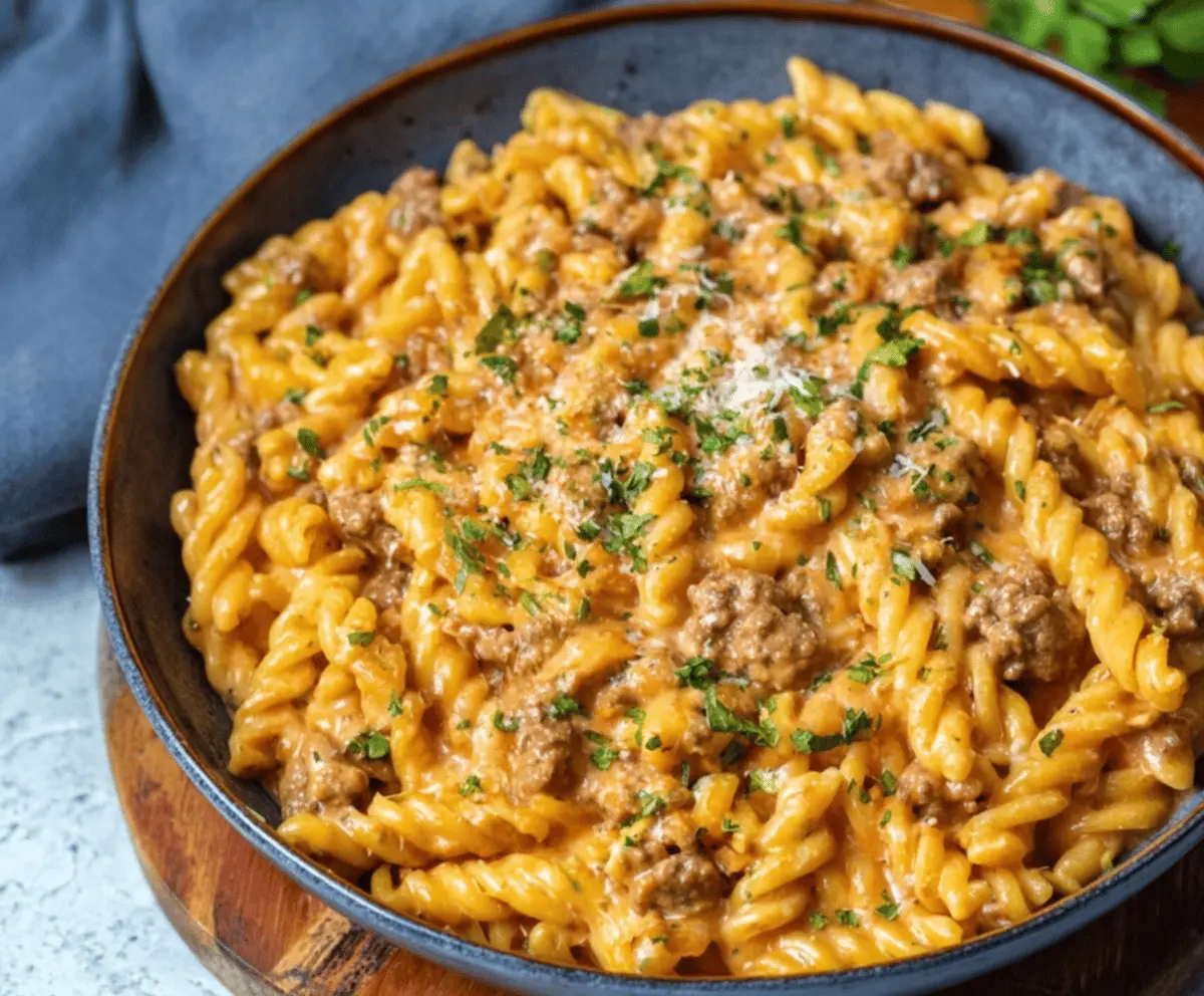 Creamy high-protein beef pasta dish served on a plate, perfect for quick weeknight dinners