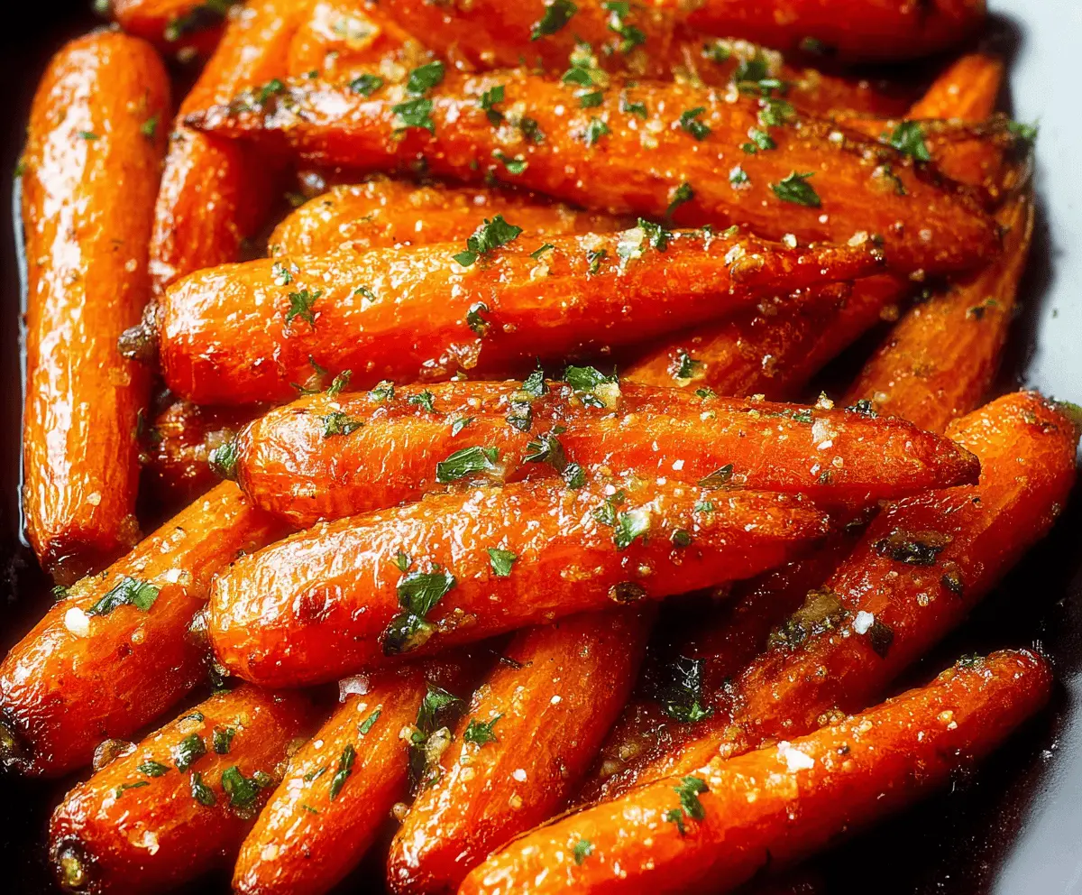Golden roasted carrots glazed with honey and garlic, garnished with fresh herbs, perfect for a sweet and savory side dish.