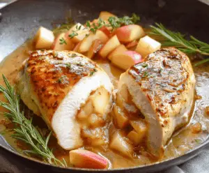 Juicy chicken breast stuffed with apple and Brie, topped with a sweet maple glaze and garnished with fresh herbs for a flavorful Maple Glazed Apple and Brie Stuffed Chicken recipe.