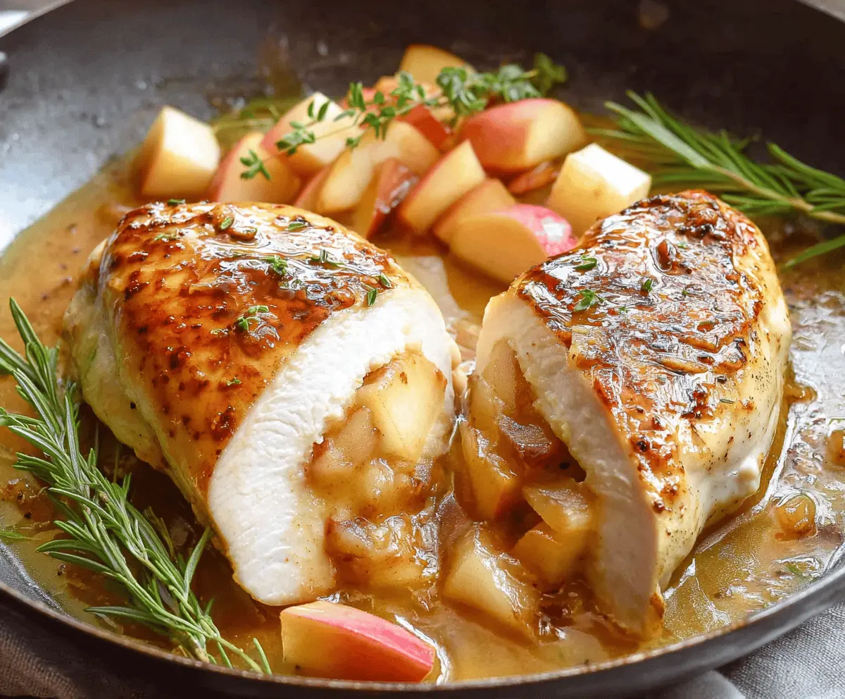 Juicy chicken breast stuffed with apple and Brie, topped with a sweet maple glaze and garnished with fresh herbs for a flavorful Maple Glazed Apple and Brie Stuffed Chicken recipe.