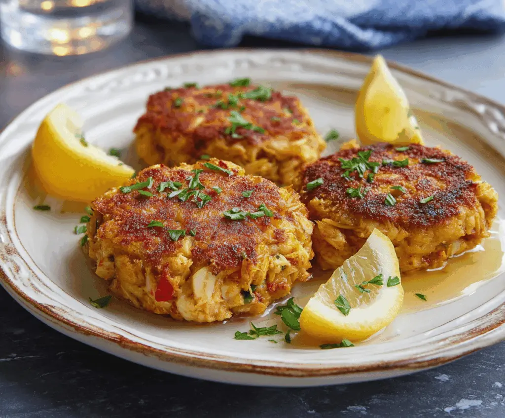 Delicious Maryland-style crab cake made with fresh lump crab meat, seasoned with herbs and spices, served with lemon wedges and a side of tartar sauce.