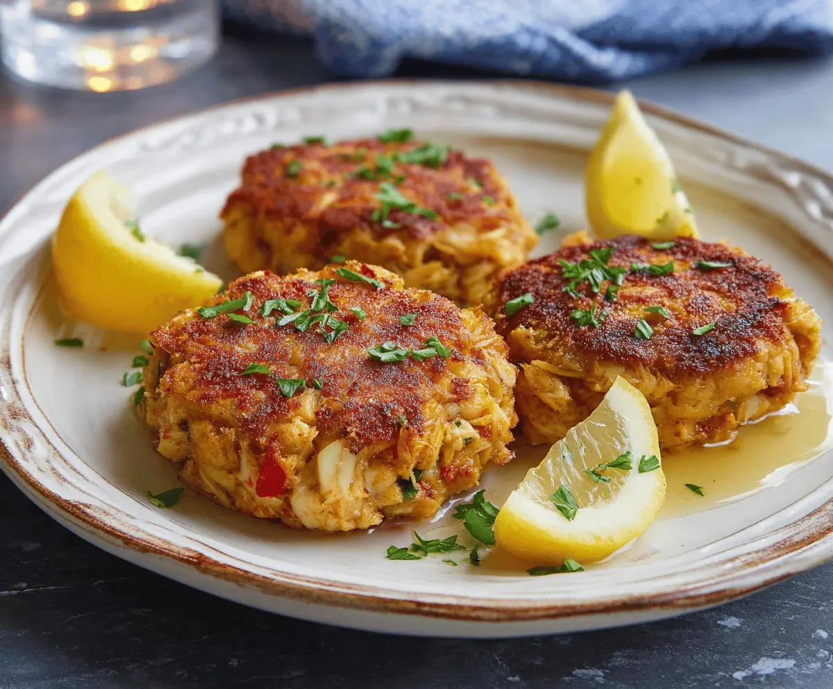 Delicious Maryland-style crab cake made with fresh lump crab meat, seasoned with herbs and spices, served with lemon wedges and a side of tartar sauce.