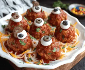 Colorful monster eyeball meatballs on a platter, perfect for keto party food, featuring green and red vegetable toppings for a spooky Halloween-inspired appetizer.