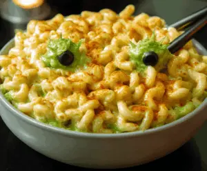 A spooky bowl of Monster Mac and Cheese featuring green gooey cheese, creepy monster eyes, and Halloween-themed toppings, perfect for a creepy Halloween dinner.