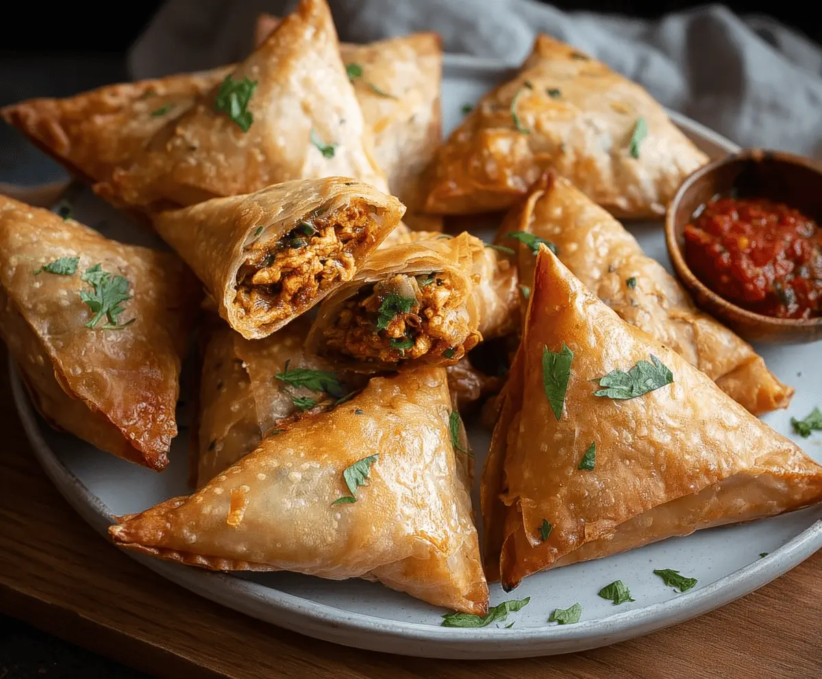 Delicious Moroccan Spiced Chicken Briouats with crispy golden pastry and flavorful filling, perfect for appetizers or snacks.