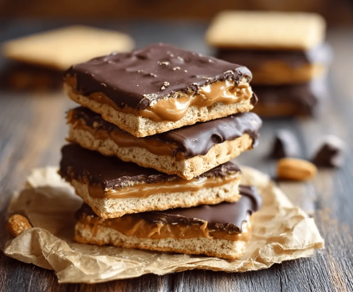 Delicious no-bake Buckeye graham crackers with chocolate and peanut butter coating on a plate