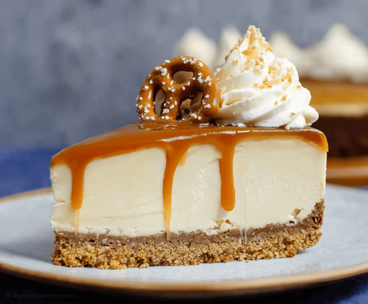 Creamy no-bake salted caramel cheesecake topped with caramel drizzle and flaky sea salt on a graham cracker crust