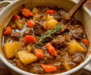 Hearty old fashioned beef stew with tender beef chunks, vegetables, and rich broth served in a rustic bowl.