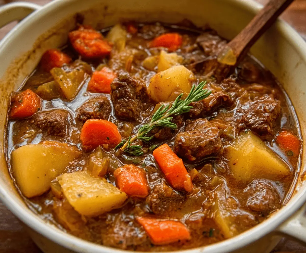 Hearty old fashioned beef stew with tender beef chunks, vegetables, and rich broth served in a rustic bowl.