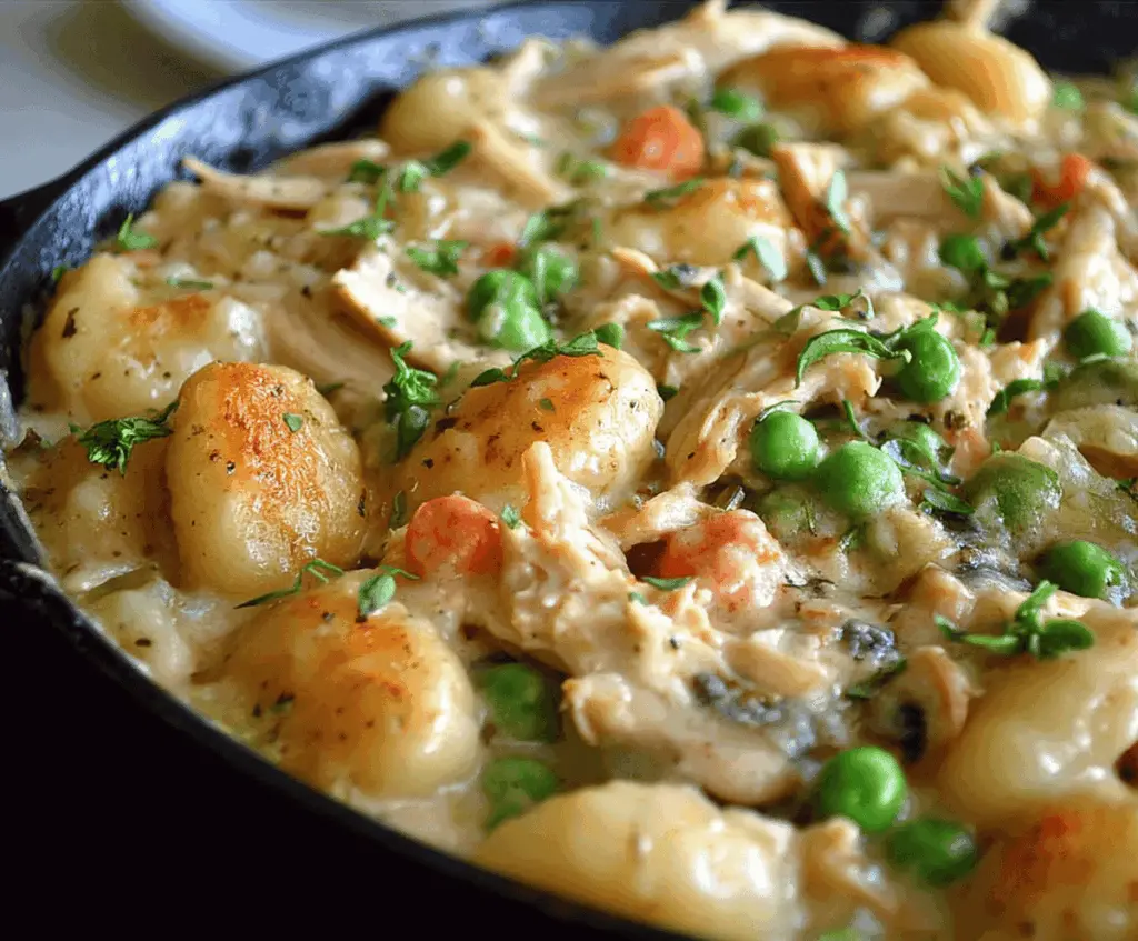 Delicious One Pot Gnocchi Chicken Pot Pie topped with golden crust, served in a rustic bowl for a comforting homemade meal.