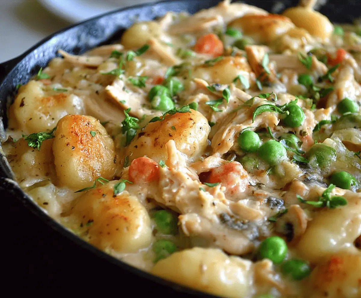 Delicious One Pot Gnocchi Chicken Pot Pie topped with golden crust, served in a rustic bowl for a comforting homemade meal.
