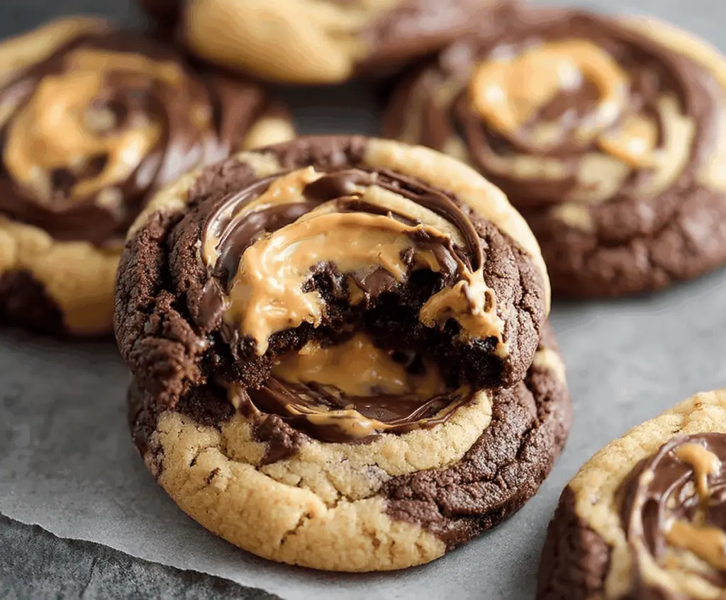 Delicious Peanut Butter Brownie Swirl Cookies with rich chocolate and creamy peanut butter swirls on a baking sheet