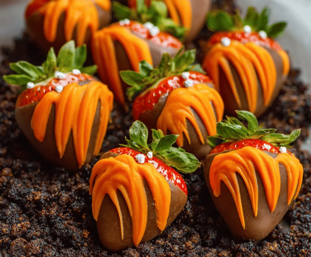 Chocolate-covered strawberries decorated as pumpkins with orange and green icing, perfect for fall and Halloween-themed desserts.