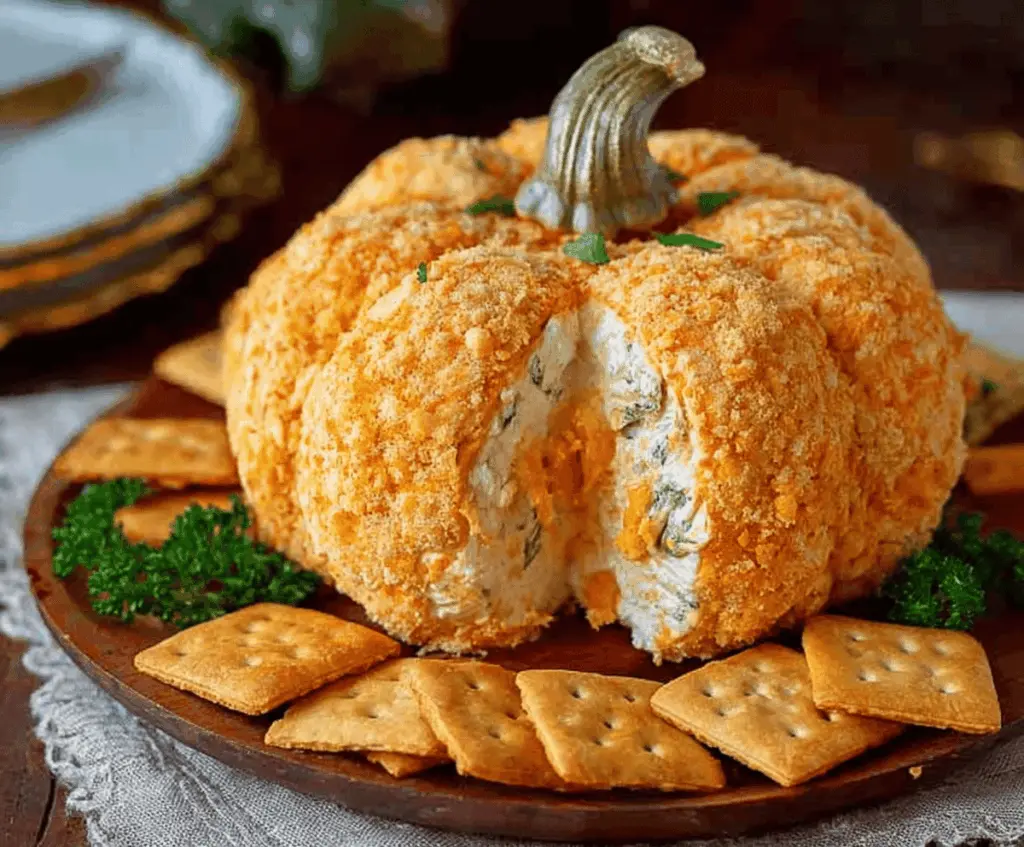 Delicious pumpkin-shaped cheese ball with a festive orange exterior and savory filling, perfect for holiday appetizers and parties.