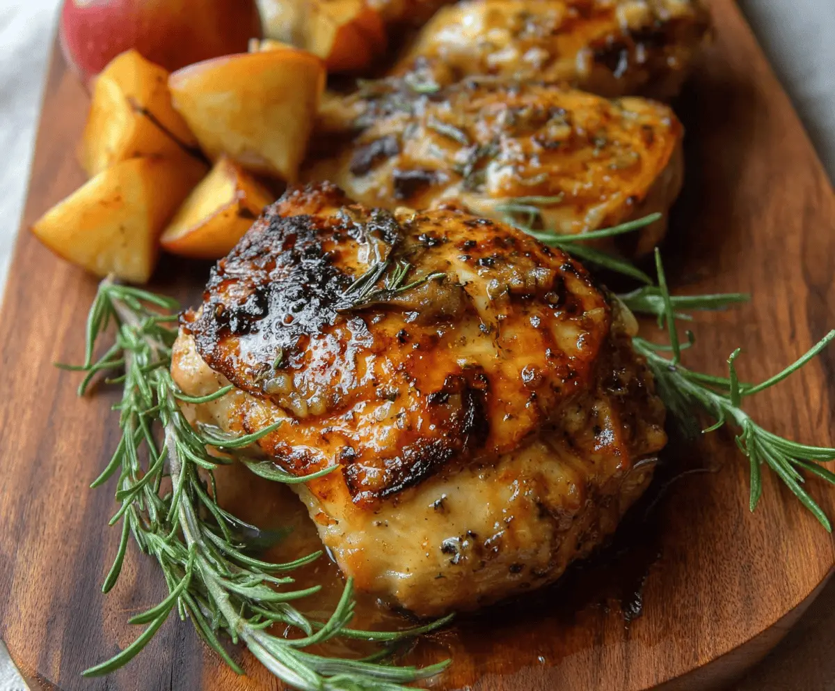 Juicy roasted chicken topped with fresh rosemary and sliced apples, served with apple cider sauce for a flavorful Rosemary Apple Cider Chicken dish.