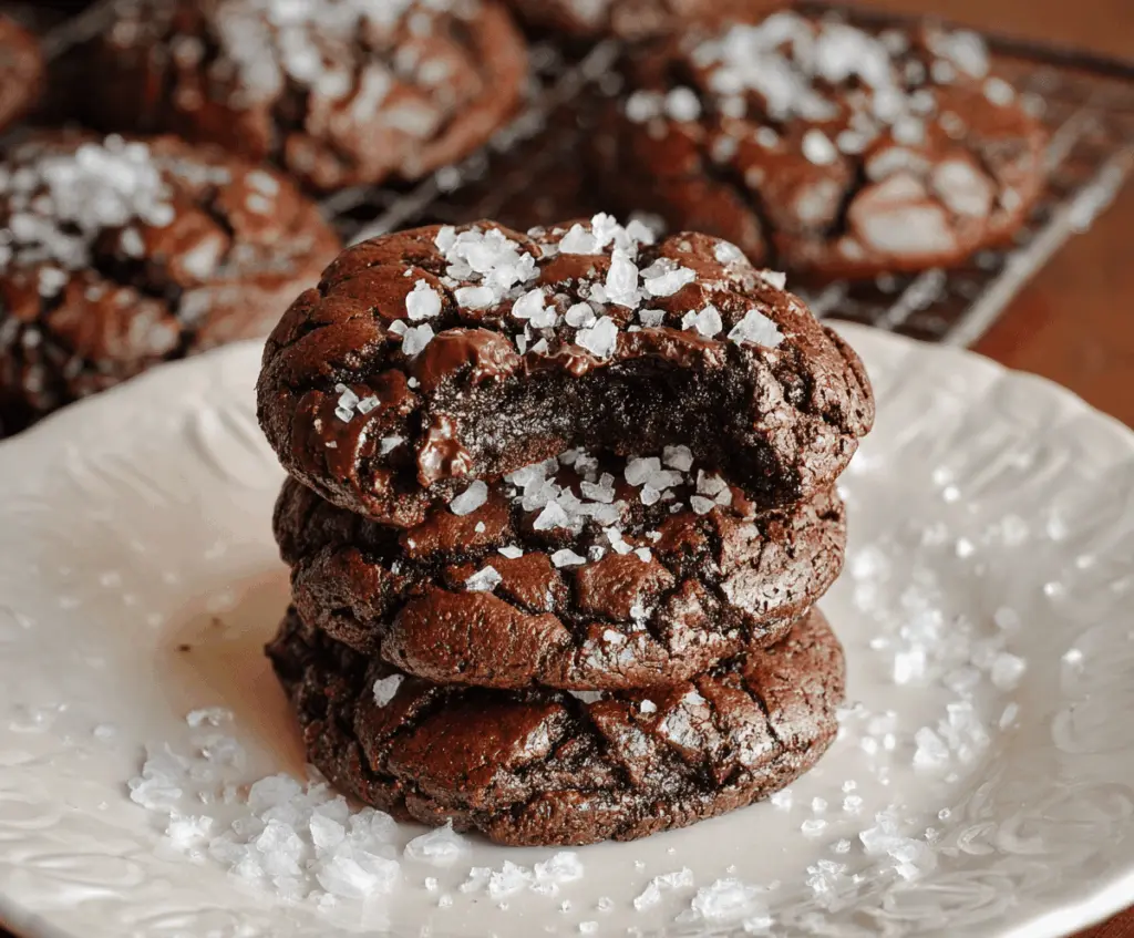 Delicious salted brownie cookies topped with sea salt flakes on a rustic wooden surface, perfect for dessert lovers