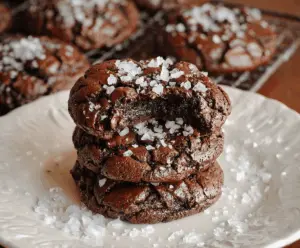 Delicious salted brownie cookies topped with sea salt flakes on a rustic wooden surface, perfect for dessert lovers