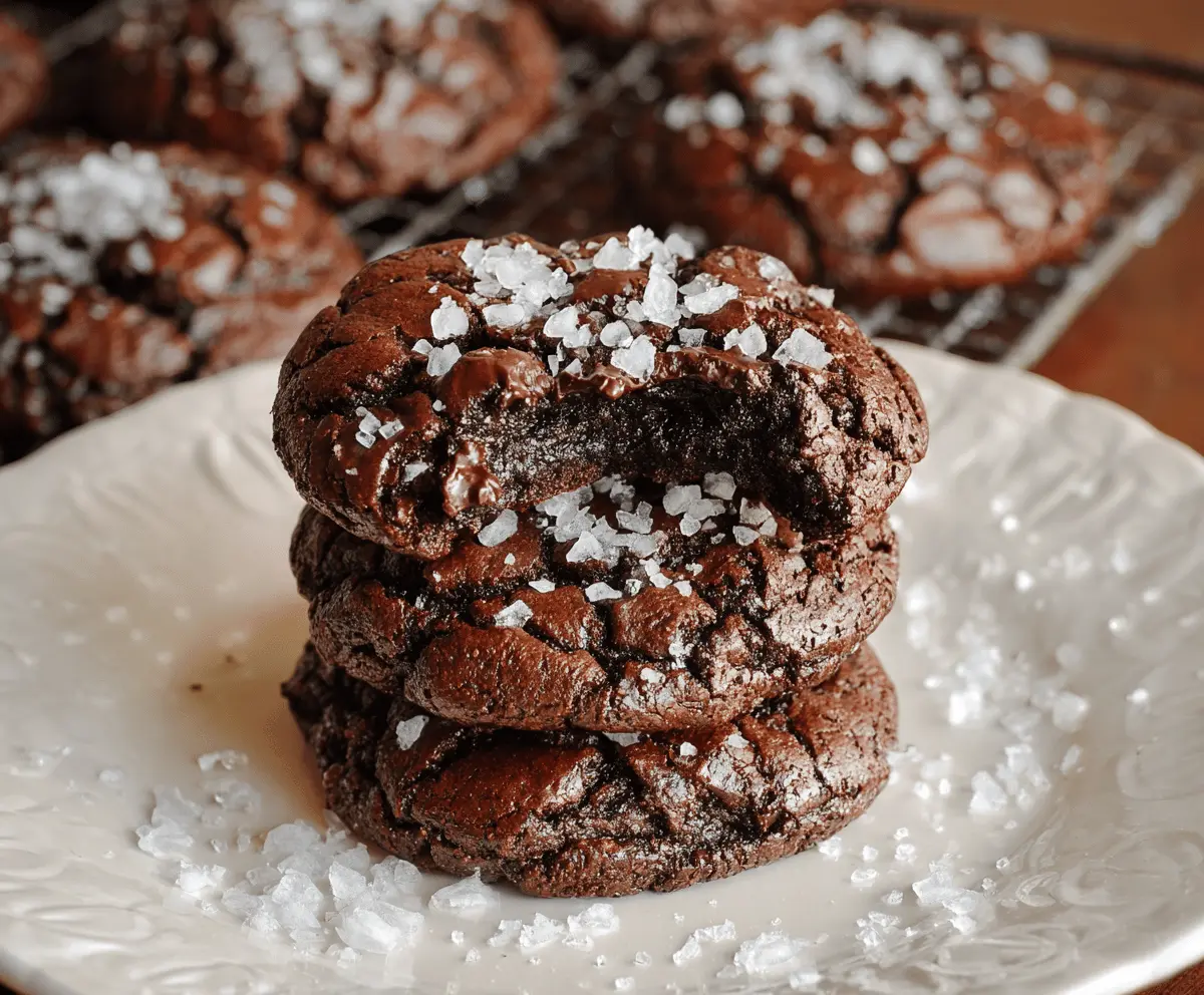 Delicious salted brownie cookies topped with sea salt flakes on a rustic wooden surface, perfect for dessert lovers