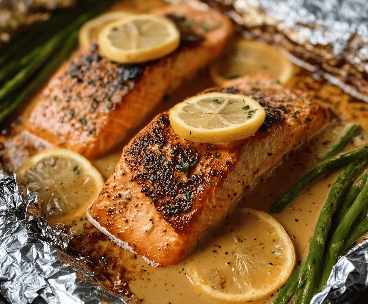 Delicious sheet pan lemon garlic butter salmon served with fresh herbs and lemon slices, perfect for a healthy dinner