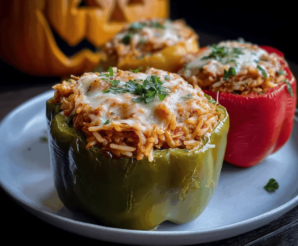 SHREDDED CHICKEN & RICE STUFFED PEPPERS (HALLOWEEN STYLE)