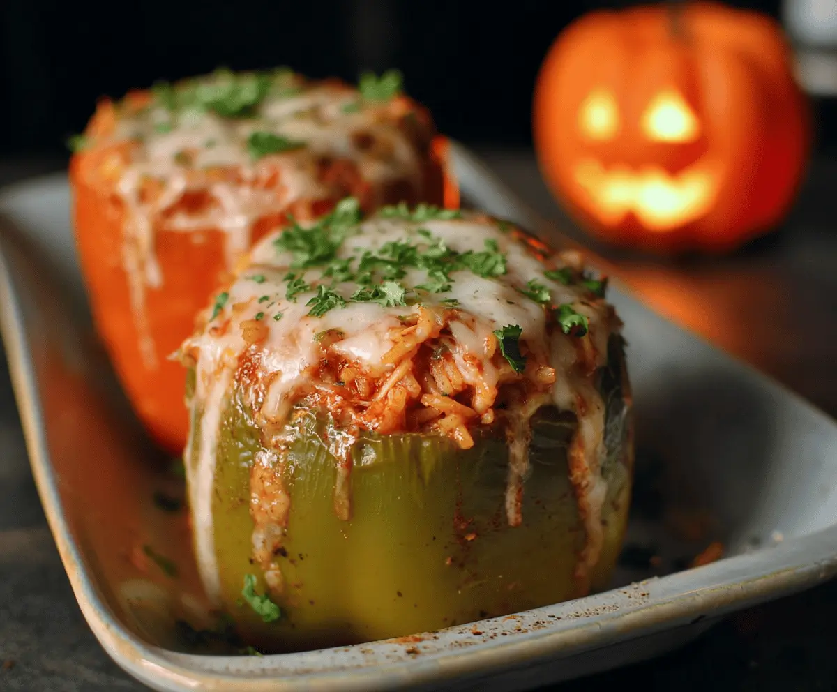 Halloween Shredded Chicken & Rice Stuffed Peppers Recipe