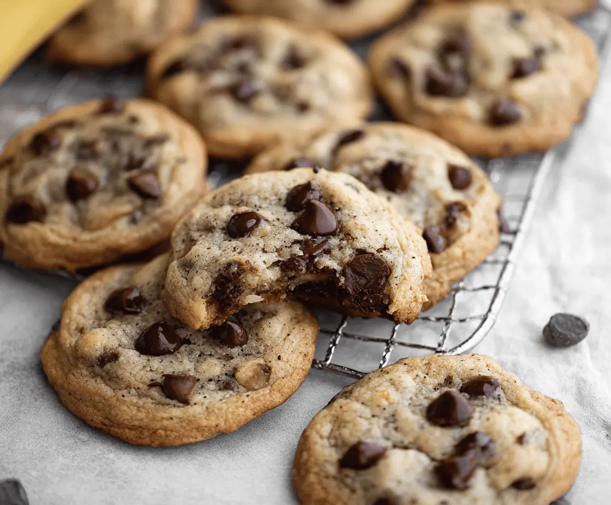 Soft and chewy banana chocolate chip cookies with melted chocolate chips and ripe banana slices on a baking sheet