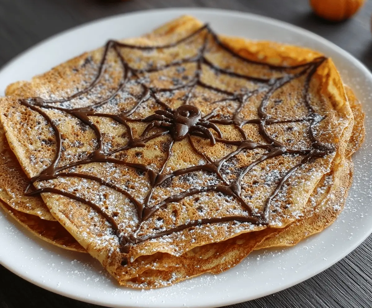 Delicious spiderweb crepes decorated with chocolate sauce and powdered sugar, perfect for Halloween-themed desserts.