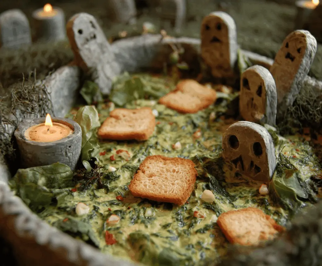 Decorative spinach dip arranged as a spooky graveyard scene with ghostly shapes and tombstone details for a festive Halloween appetizer presentation.