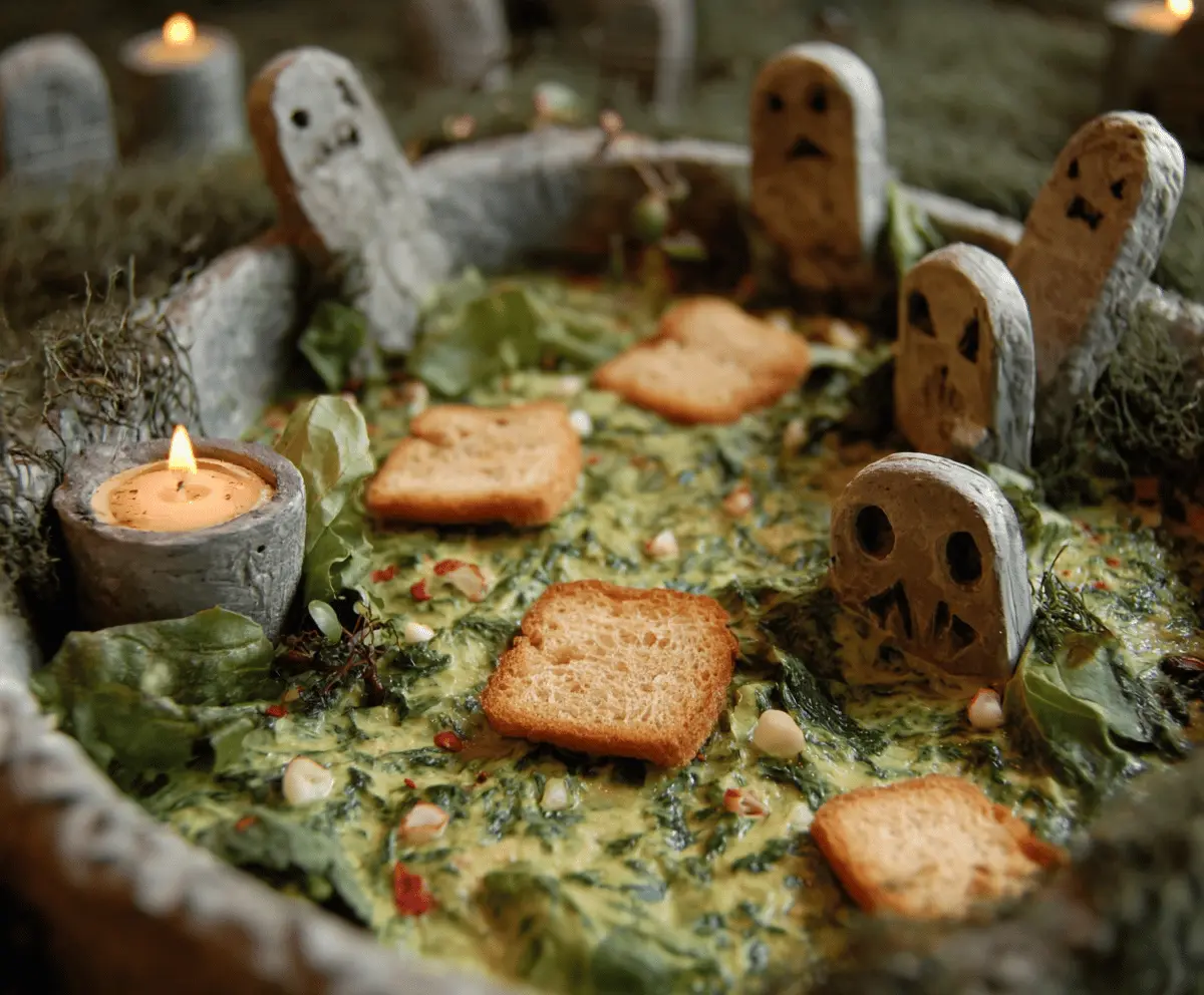 Decorative spinach dip arranged as a spooky graveyard scene with ghostly shapes and tombstone details for a festive Halloween appetizer presentation.