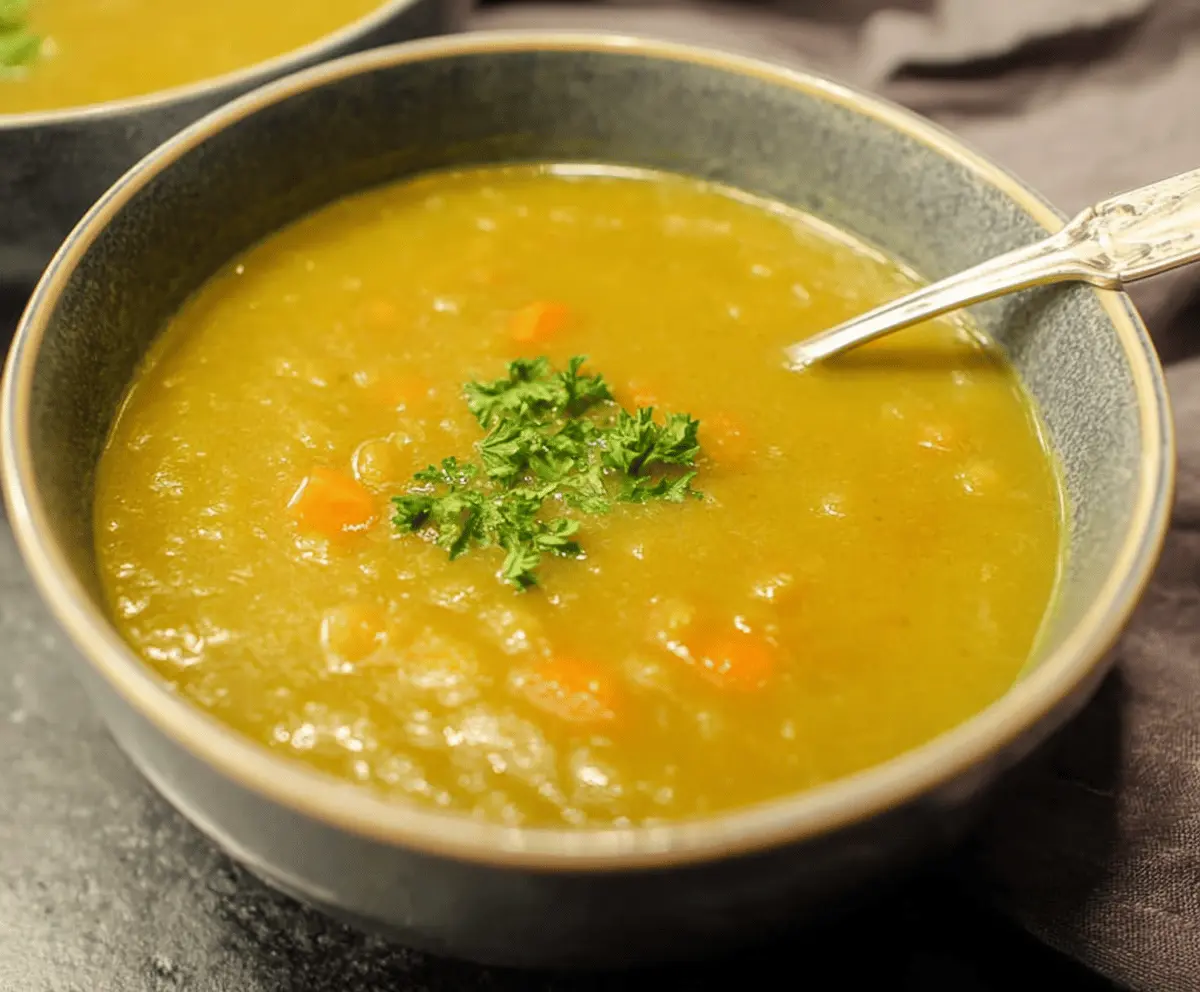 A bowl of creamy split pea soup garnished with fresh herbs and served with crusty bread on a rustic wooden table.