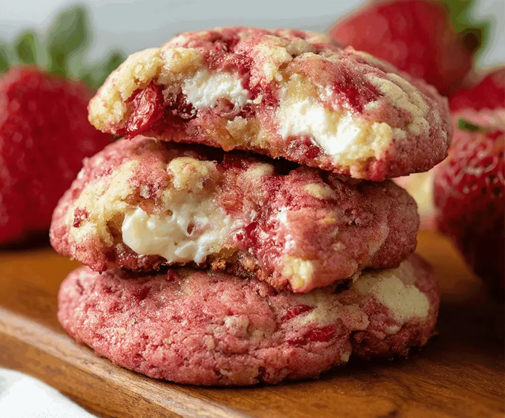 Delicious strawberry cheesecake cookies with a creamy filling and fresh strawberry topping, perfect for dessert lovers