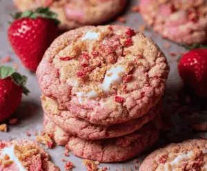 Delicious homemade Strawberry Crunch Cookies with fresh strawberries, crunchy topping, and soft cookie base, perfect for sweet cravings.